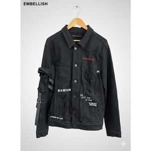 Embellish Women’s Black Stretch Denim Embroidered Pockets Vest Coat Jacket Large